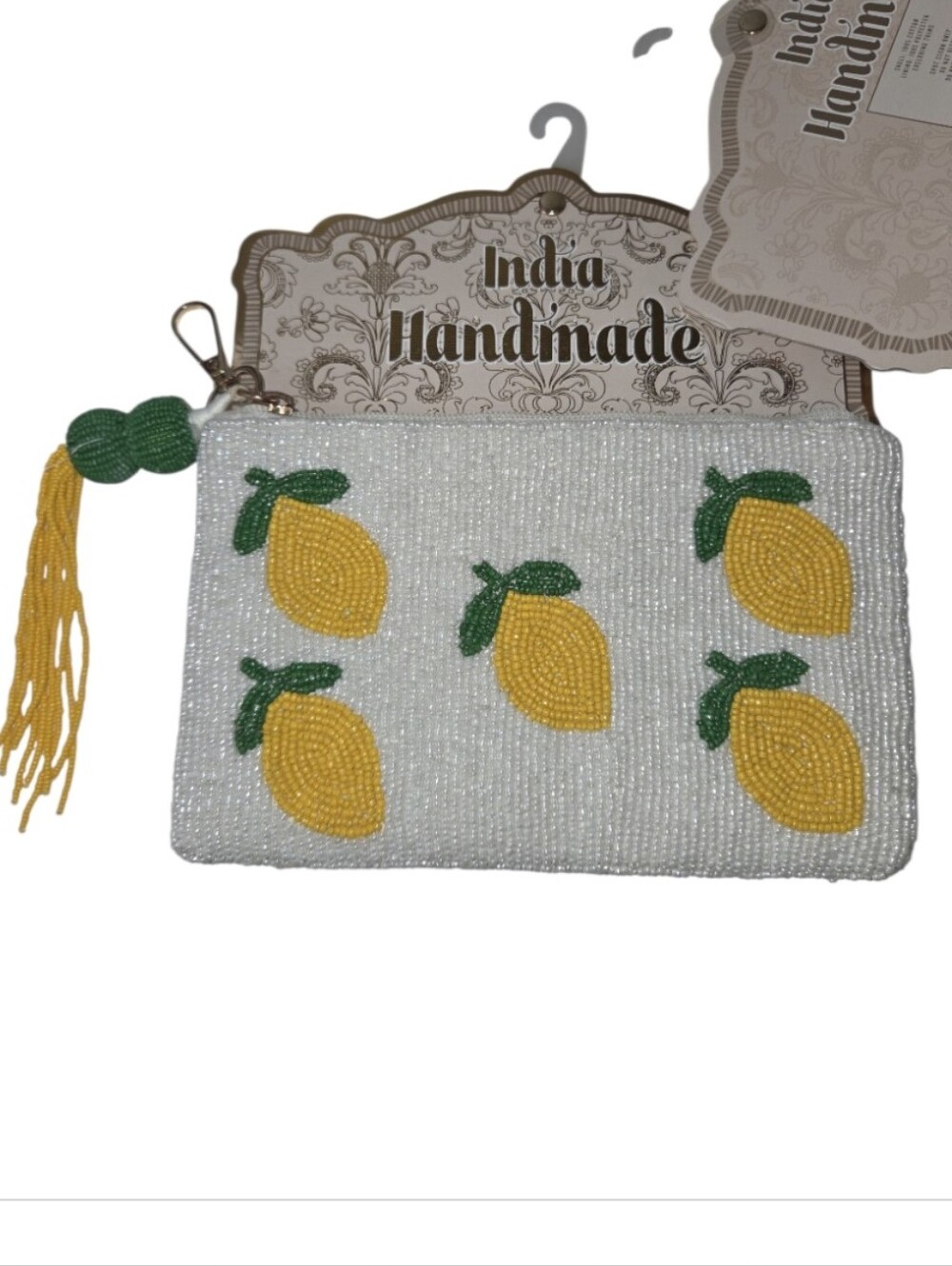 Beaded Lemons India Handmade Zip Coin Wallet Pouch Tassel With Hook NEW